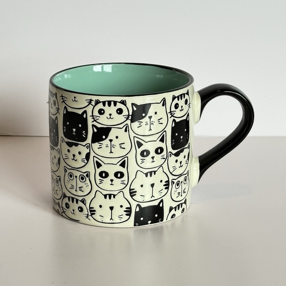 Cat Faces Mug 18oz Black White Teal Interior‎ Cute Kawaii Coffee Cup